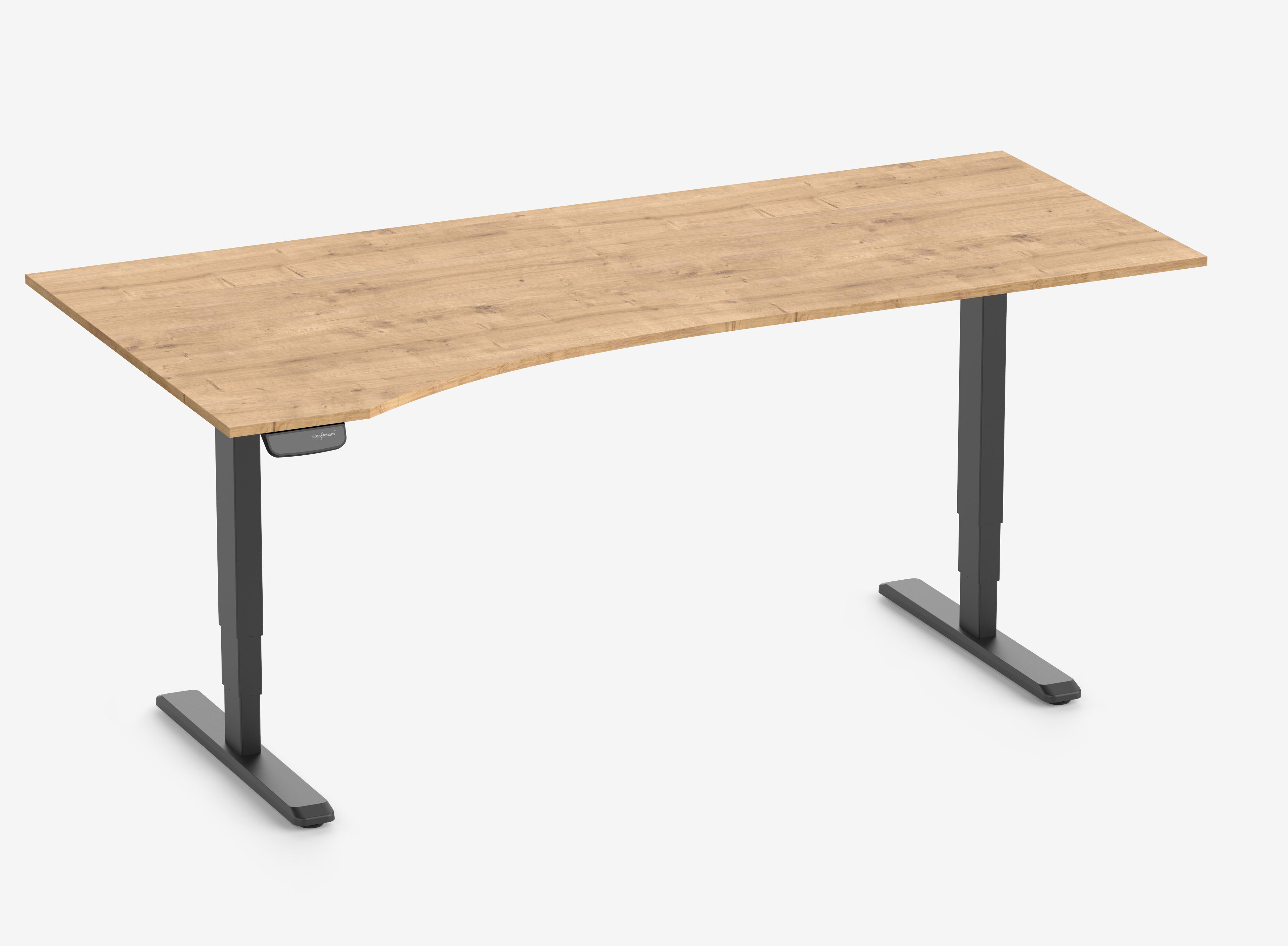 Scrivania PRIMUS con piano sagomato, Telaio Nero, Piano 2000 x 800/1000 x 25 mm Rovere, Versione Sinistra